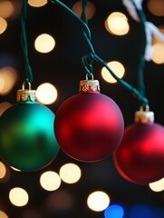 Aufkleber - Vibrant Red and Green Christmas Baubles Hanging Against Glowing Light Background : Generative AI