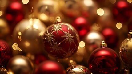Aufkleber - Elegant Closeup of Golden and Red Christmas Baubles Amidst Warm Festive Glow : Generative AI