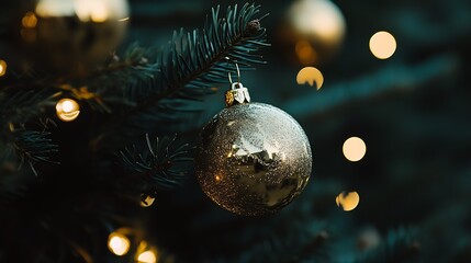 Aufkleber - Closeup of Shiny Golden Christmas Ornament on Evergreen Tree with Lights : Generative AI