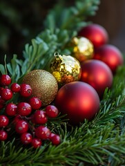 Aufkleber - Festive Christmas Decor with Red and Gold Baubles on Evergreen Bough : Generative AI