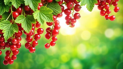 Vibrant currant berries arranged in a liana shape with green leaves on a bright background, currant, berries, liana, shape