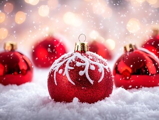 Aufkleber - Festive Red Christmas Baubles on Snow with Bokeh Background for Holiday Decor : Generative AI