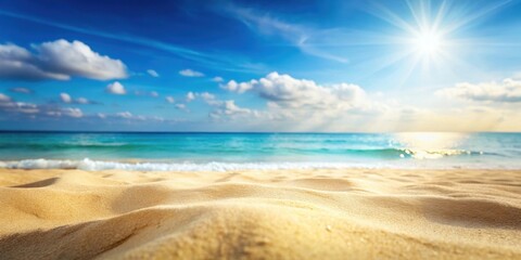 Sunny summer beach with soft sand and blurred ocean backdrop, sandy, beach, summer, ocean, background, sunny, blur