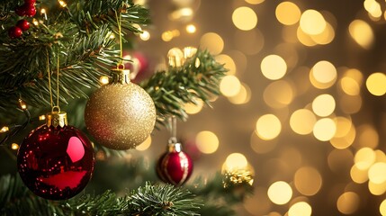 Aufkleber - Golden and Red Christmas Baubles on Tree with Warm Blurry Background : Generative AI