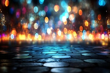 Poster - Vibrant Bokeh Lights on Wet Cobblestone Street at Night for Energetic Urban Atmosphere : Generative AI