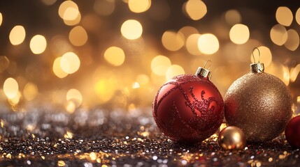Aufkleber - Christmas Ornaments on Glittery Surface with Warm Golden Bokeh Lights : Generative AI