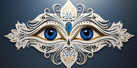 Intricate white and gold design with two bright blue eyes.