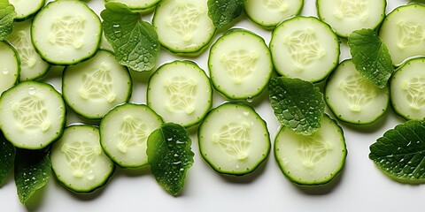 Canvas Print - Fresh cucumber slices and green leaves arranged on a white surface, creating a vibrant and refreshing image.