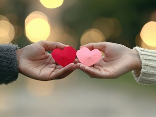 two hands holding pink and red heart shapes against a soft bokeh background.