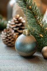 Aufkleber - Elegant Christmas Ornament Hanging on Pine Tree Branch with Pine Cones and Soft Lighting : Generative AI