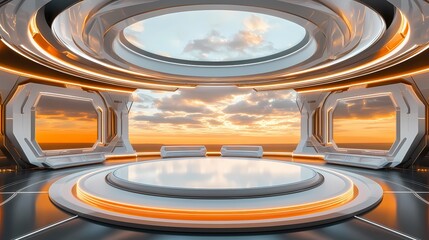 Techno Orange White futuristic circular booth illustration poster background