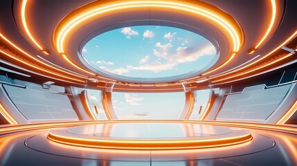 Techno Orange White futuristic circular booth illustration poster background