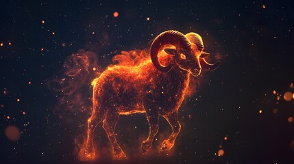 Wall Mural - Aries - Fiery Ram Among Stars A majestic, glowing ram made of red and orange fire particles stands proudly against a dark starry background