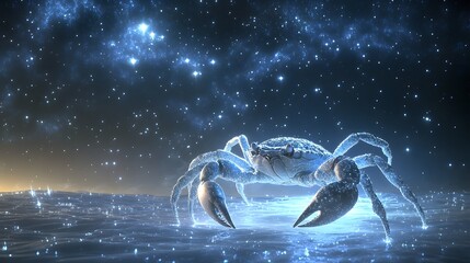 Cancer - Celestial Crab Emerging from a Silver Moonlit Ocean A celestial crab made of silver light crawls out from a moonlit ocean, its form glowing with blue and white stardust. The scene is peaceful