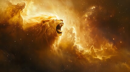 Wall Mural - Leo - Golden Lion Roaring in a Sunlit Nebula A grand lion with a mane of radiant golden stardust stands proudly in front of a warm nebula, roaring toward the stars
