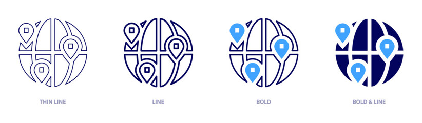 Travel worldwide icon in 4 different styles. Thin Line, Line, Bold, and Bold Line. Duotone style. Editable stroke