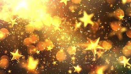 Wall Mural - shining golden stars with light effect glare bokeh on black background seamless looping overlay 4k v