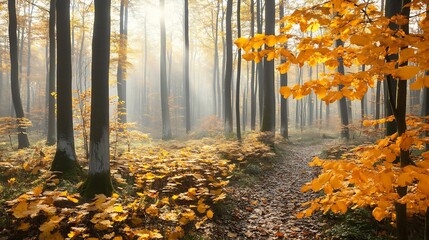 Wall Mural - Tranquil Autumn Forest Path with Golden Foliage and Sunlight Breaking Through Trees : Generative AI