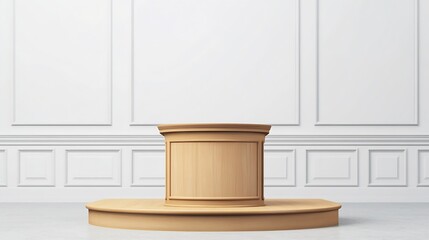 Poster - Elegant Wooden Pedestal Against Classic White Paneled Wall for Sophisticated Displays : Generative AI