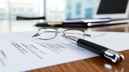 Poster - Professional Reading Glasses and Pen on Business Documents in Office : Generative AI
