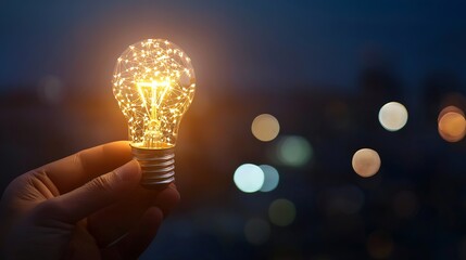 Leinwandbilder - Hand Holding Illuminated Light Bulb at Night with Bokeh Background : Generative AI