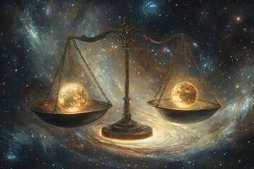 Wall Mural - Two glowing scales hover in the middle of a swirling galaxy, each side holding a ball of radiant light and shadow
