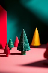 Poster - Colorful Minimalist Christmas Tree Arrangement with Creative Lighting and Shadows : Generative AI