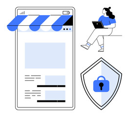 E-commerce interface with blue awning, security shield with padlock, woman using laptop. Ideal for online safety, cybersecurity, e-commerce, data protection, user interface design, web development