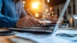 © Generative AI - Business Professional Analyzing Data on Laptop with Infographics and Graphs : Generative AI