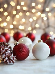 Aufkleber - Elegant Red and White Christmas Baubles with Frosted Pine Cones and Twinkling Warm Background Lights : Generative AI