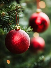 Aufkleber - Red Glittering Christmas Baubles Hanging on Tree Branch with Blurred Festive Background : Generative AI