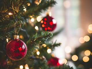 Aufkleber - Closeup of Illuminated Christmas Tree with Shimmering Red Ornaments : Generative AI
