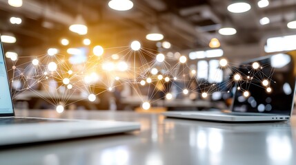 Aufkleber - Modern Office Technology with Digital Network Connection and Blurred Background : Generative AI