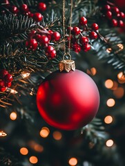 Aufkleber - Red Christmas Bauble on Pine Tree with Sparkling Holiday Lights : Generative AI