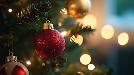 Aufkleber - Festive Christmas Tree with Red Ornaments and Warm Glowing Lights Creating a Cozy Holiday Atmosphere : Generative AI