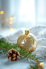 Aufkleber - Closeup of a Golden Christmas Bauble with Pinecone on White Linen : Generative AI