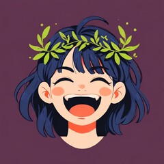 Sticker - Smiling Girl with Green Leaves