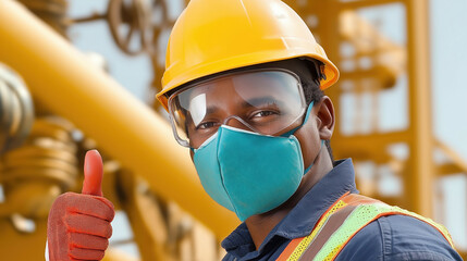 Confident industrial worker giving thumbs-up at construction site for safety and success