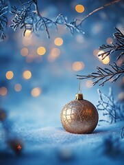 Fototapete - Golden Christmas Ornament on Snowy Branch with Warm Bokeh Lights in Winter Scene : Generative AI