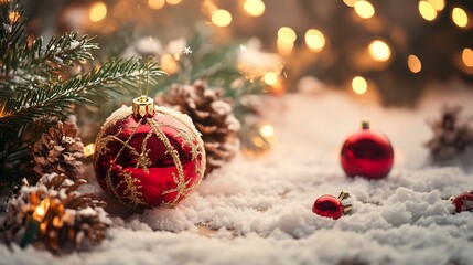 Aufkleber - Festive Christmas Baubles on Snow with Pinecones and Twinkling Lights Background : Generative AI