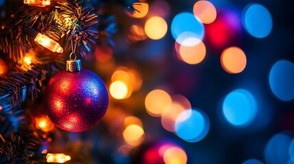 Aufkleber - Festive Holiday Season Christmas Tree with Red Baubles and Glowing String Lights Decor : Generative AI