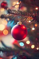 Aufkleber - Vibrant Red Christmas Ornament on Tree with Colorful Festive Lights in Background : Generative AI