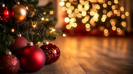 Aufkleber - Glistening Christmas Tree and Red Baubles with Soft Warm Lights for Cozy Holiday Ambience : Generative AI