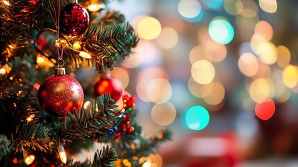 Aufkleber - Festive Christmas Tree with Colorful Bokeh Lights and Red Ornaments : Generative AI