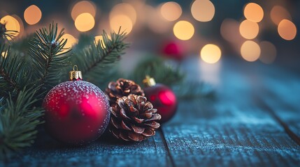 Aufkleber - Festive Red Ornaments and Pine Cones on Snow Dusted Wooden Surface : Generative AI