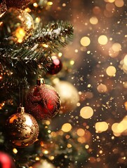 Fototapete - Christmas Tree with Shimmering Ornaments and Golden Bokeh in a Magical Setting : Generative AI