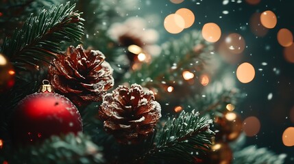 Aufkleber - Festive Pine Tree Branch with Snow Frosted Pinecones and Sparkling Holiday Lights : Generative AI