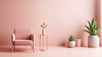 Wall Mural - Modern pink living room with an armchair, side table, and plants.