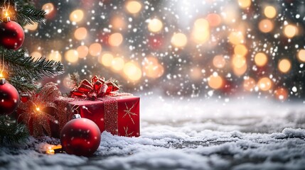 Aufkleber - Festive Christmas Gift Box with Red Bow and Snowy Background : Generative AI