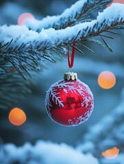 Aufkleber - Vibrant Red Christmas Ornament on Snowy Tree Branch with Bokeh Lights : Generative AI